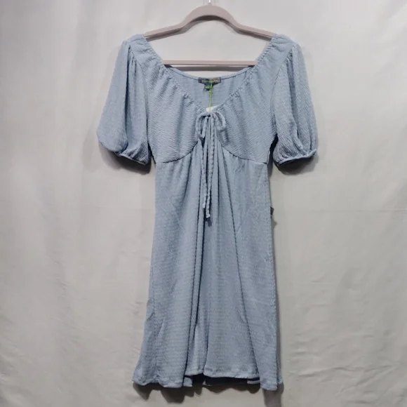 NWT Good Luck Gem V-Neck Bow Puff Sleeve Mini Dress Women's S Blue Minimalist - Picture 2 of 10